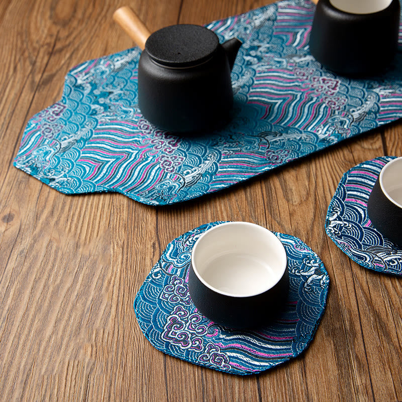 Sea Wave Bamboo Plum Blossom Brocade Tea Mat 48x22cm Zen Decor