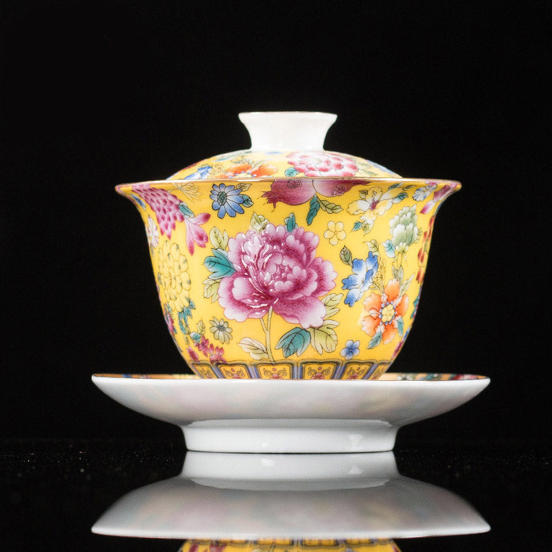 Peony Ceramic Gaiwan Sancai Teacup 9.5cm Meditation
