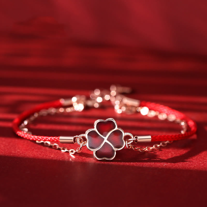 Color-changing Four Leaf Clover Red String Bracelet in 925 Silver for Luck