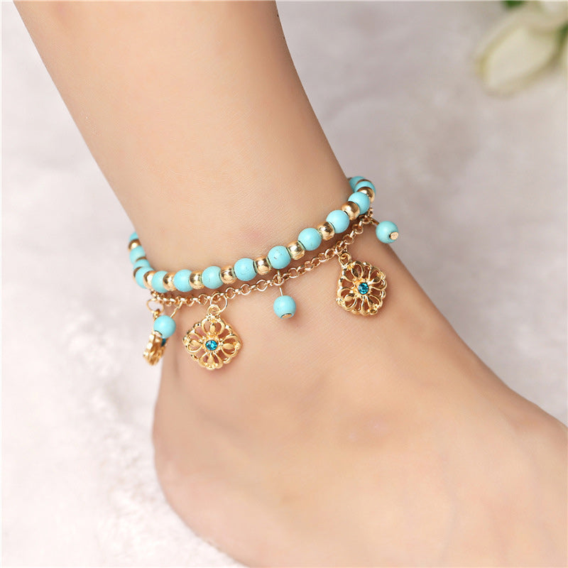 Turquoise Flower Protection Bracelet and Anklet Set