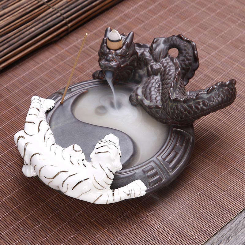 Ceramic Tiger Dragon Backflow Incense Burner for Meditation