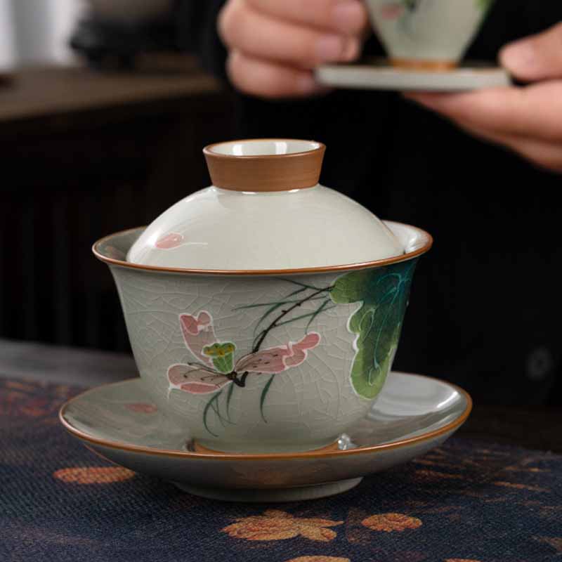 Zen Ceramic Lotus Koi Fish Gaiwan Teacup 140ml