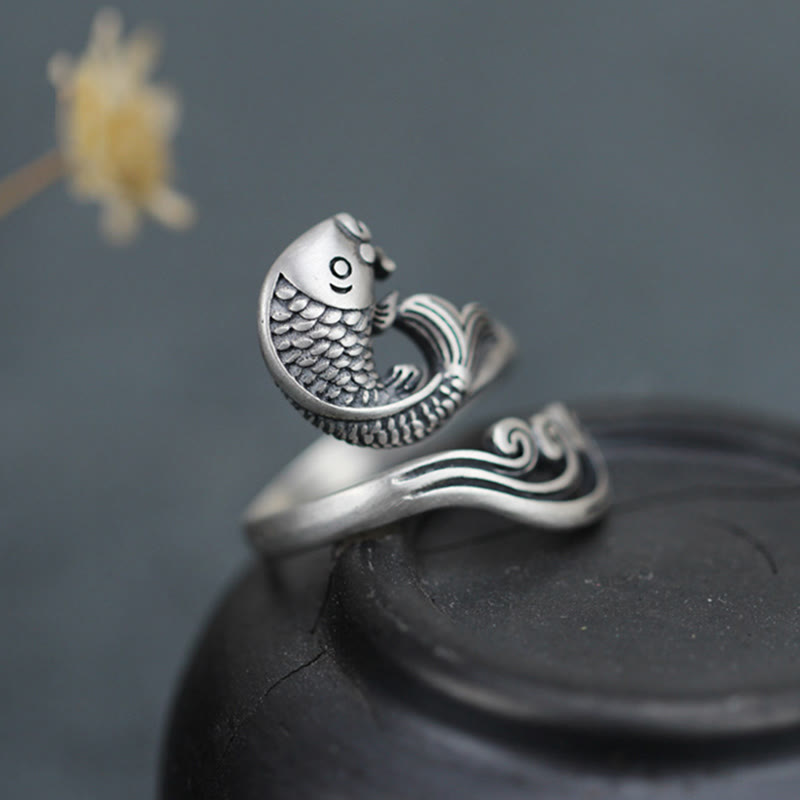 Adjustable 925 Sterling Silver Koi Fish Luck Prosperity Ring