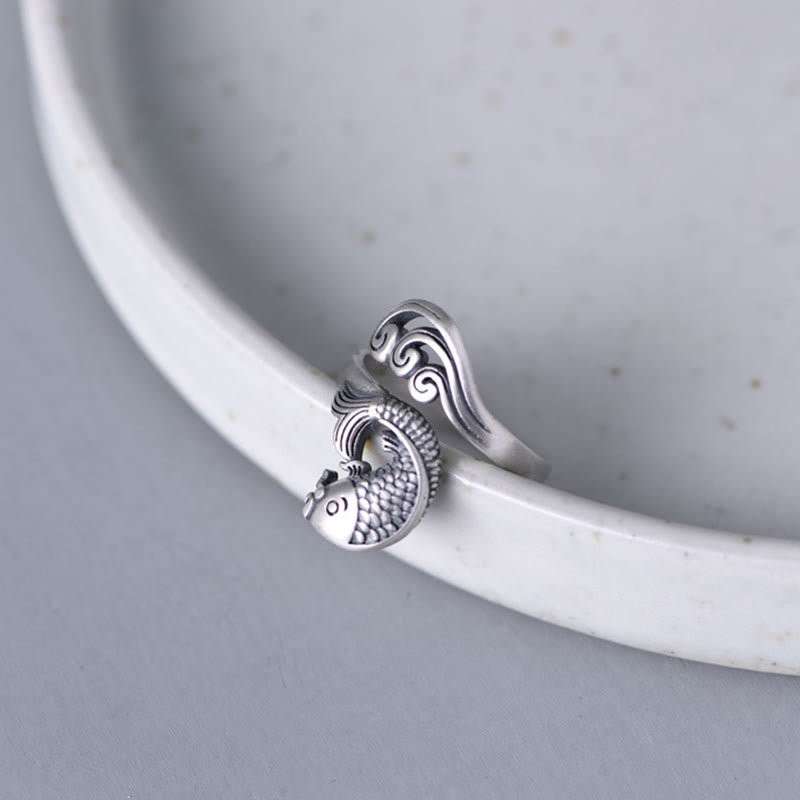 Adjustable 925 Sterling Silver Koi Fish Luck Prosperity Ring