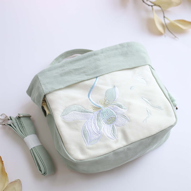 Cotton Linen Tote Bag with Spiritual Lotus Embroidery 20cm