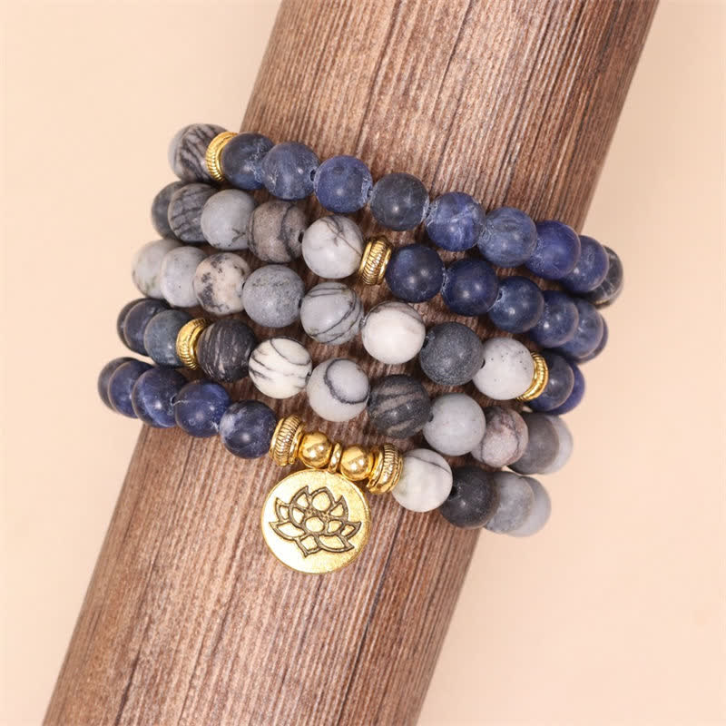 108 Beads Lotus Strength Bracelet with Sodalite & Zebra Jasper