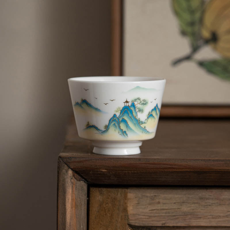 Zen Ceramic Teacup with Lotus Flower and Mountain Design 100ml