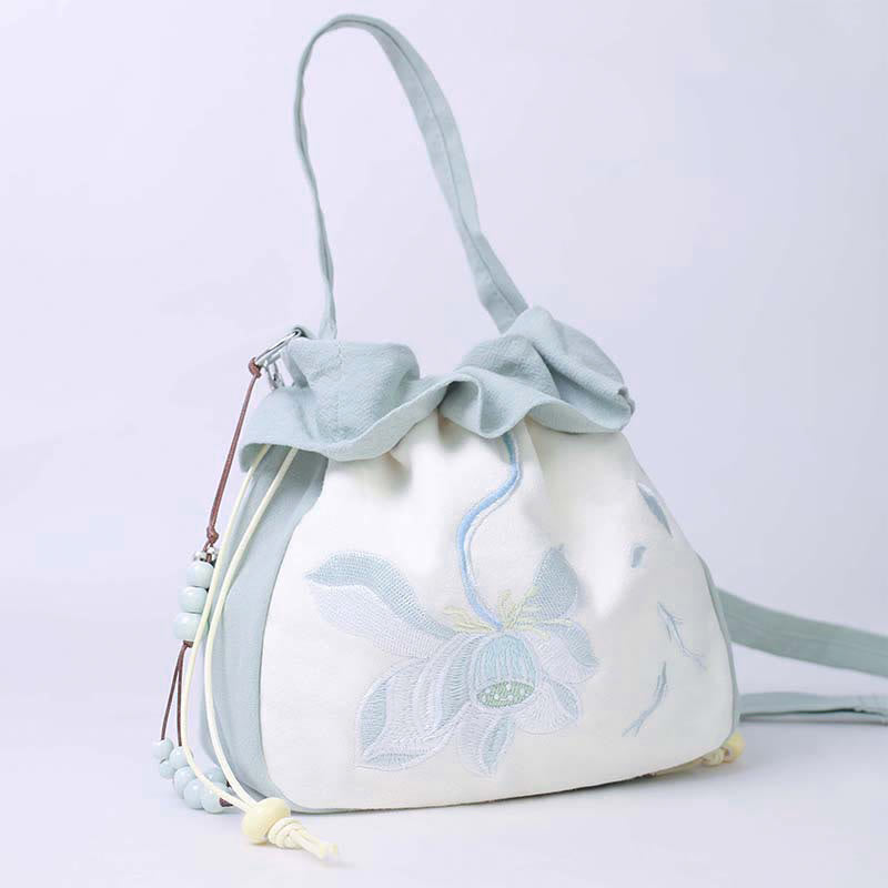 Cotton Linen Tote Bag with Spiritual Lotus Embroidery 20cm