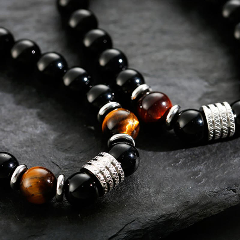 Obsidian Bracelet 10mm with Tiger Eye for Strength & Balance