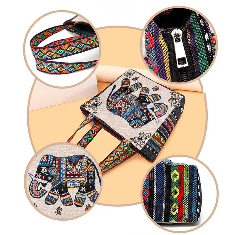 Large Canvas Tote Bag with Elephant Butterfly Embroidery - Spiritual Charm