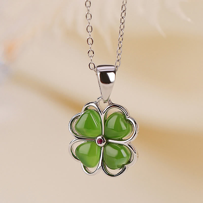 Silver Hetian Cyan Jade Lucky Four Leaf Clover Necklace