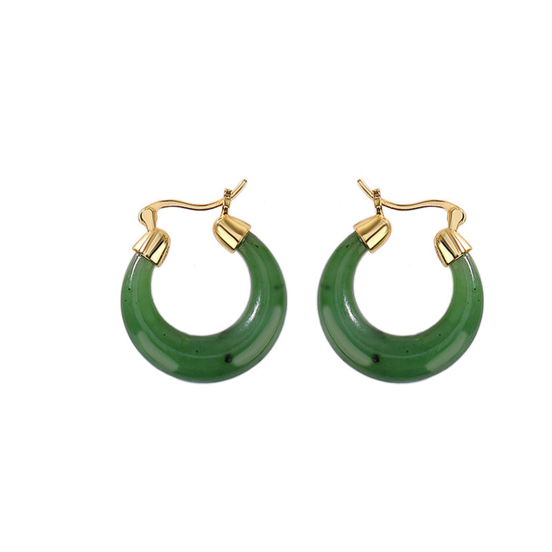 23mm Hetian Cyan Jade Gold Plated Luck Drop Earrings