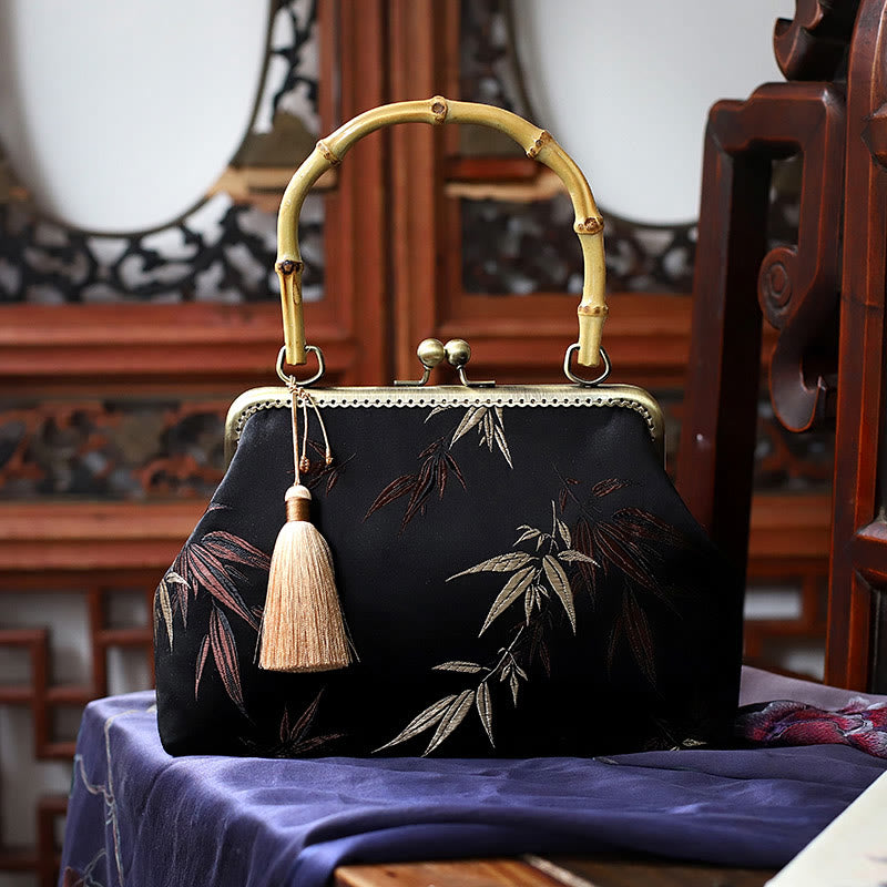 22.5cm Bamboo Handle Handbag | Dragonfly Crane Plum Blossom Leaf