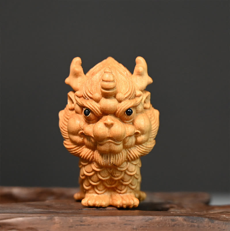 Feng Shui Kirin Boxwood Wood Engraving Spiritual Statue