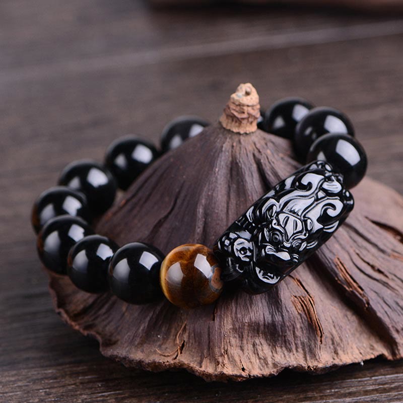 Natural Black Obsidian PiXiu Bracelet 14mm for Strength