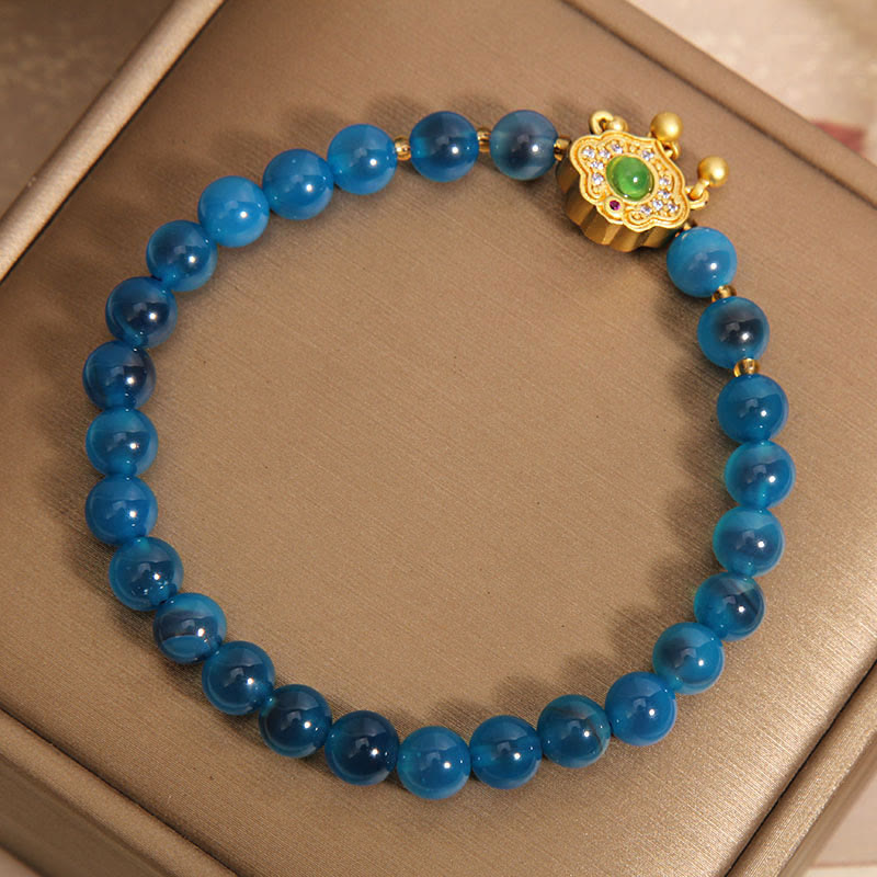Blue Candy Agate Bracelet with Chinese Lock Charm for Protection