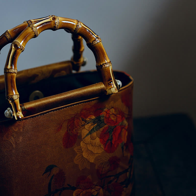 Yellow Bird Green Peony Bamboo Handle Handbag | Spiritual Accessory