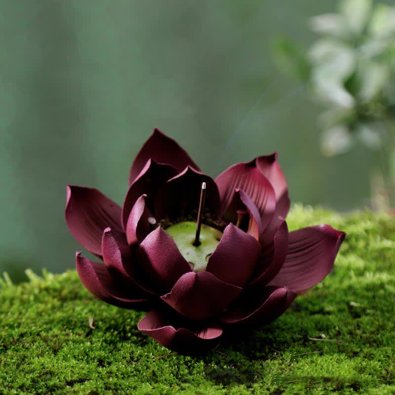 Tibetan Lotus Incense Burner in Purple Clay for Peace & Calm