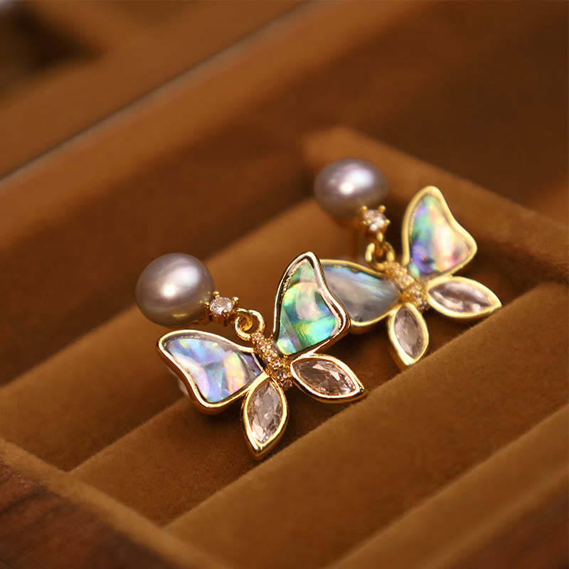 Natural Abalone Shell Pearl Stud Earrings with Butterfly Design