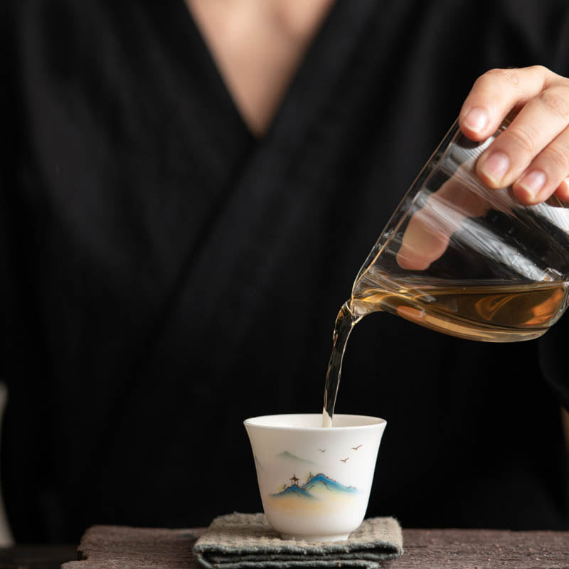 Zen Ceramic Teacup with Lotus Flower and Mountain Design 100ml