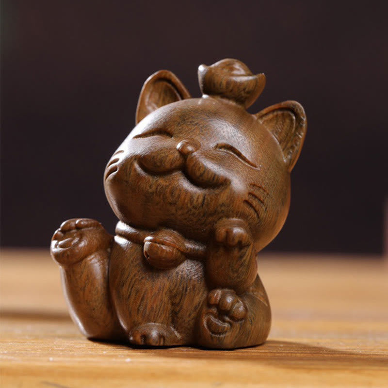 5cm Green Sandalwood Lucky Cat Statue for Peace & Prosperity