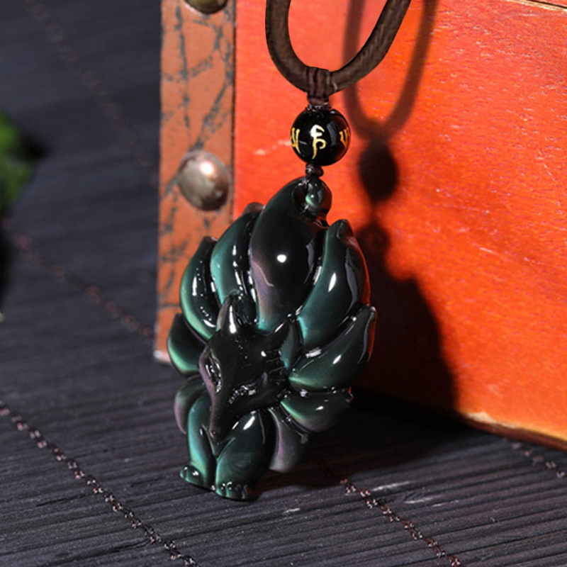 Natural Rainbow Obsidian Nine Tailed Fox Pendant