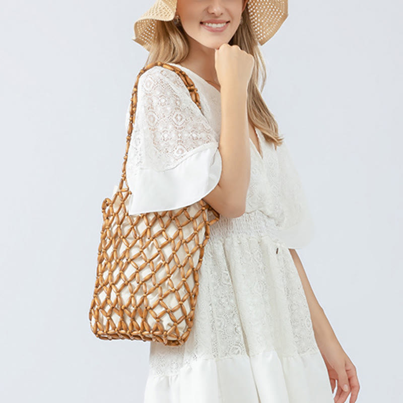 Wooden Beads Hand-Woven Shoulder Bag for Spiritual Accessories