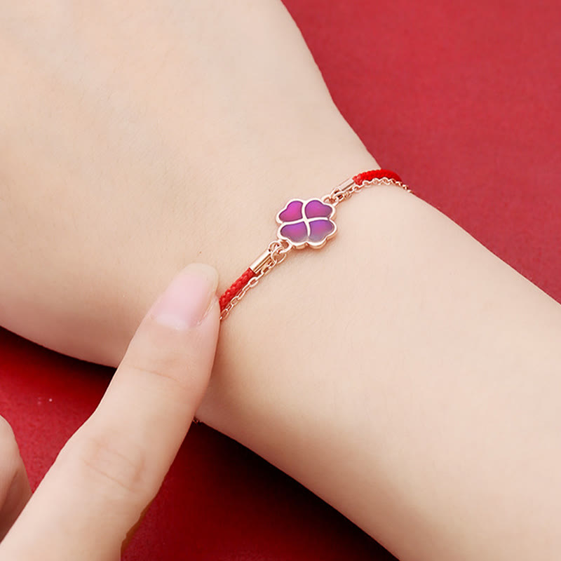 Color-changing Four Leaf Clover Red String Bracelet in 925 Silver for Luck