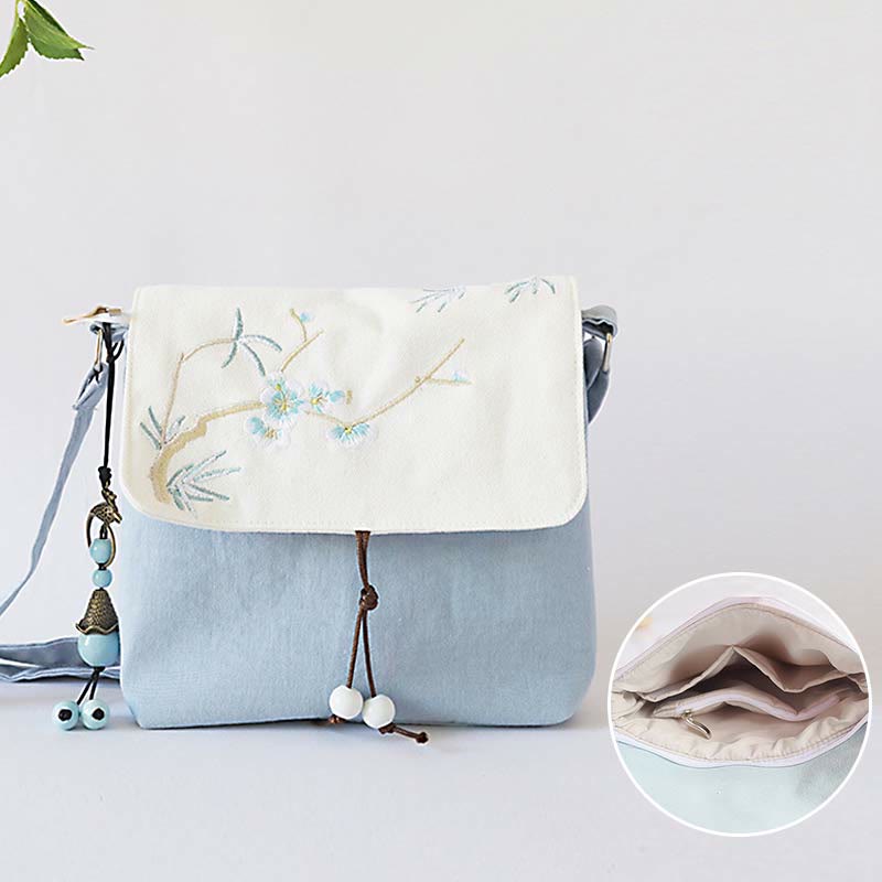 Handmade Canvas Crossbody Bag with Plum Flowers 20x23cm