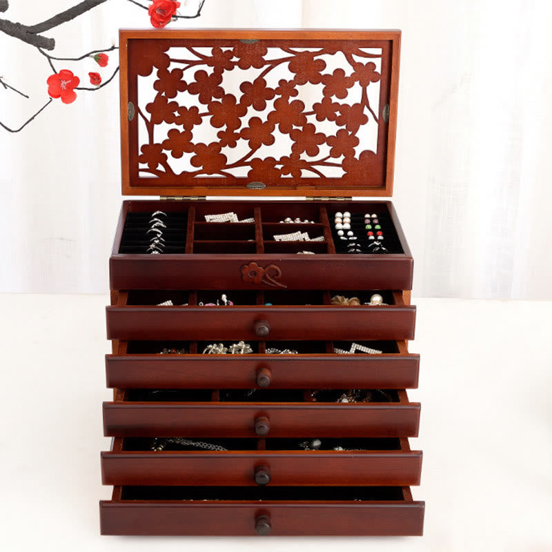 Six-Layer Wooden Jewelry Box with Vintage Plum Blossom Carvings