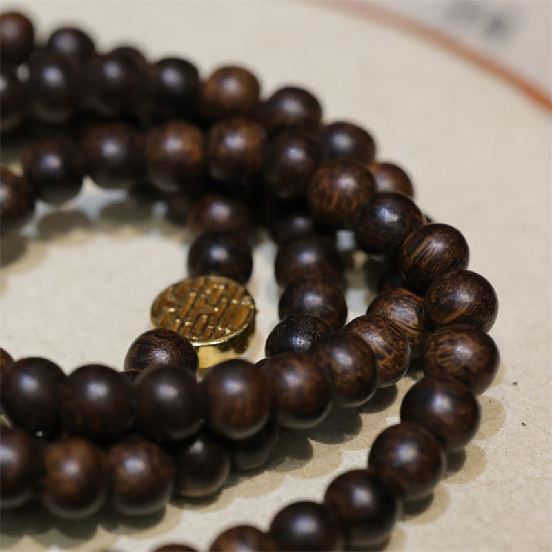 108 Agarwood Amber Red Agate Peace Buckle Jade Wood Mala Bracelet