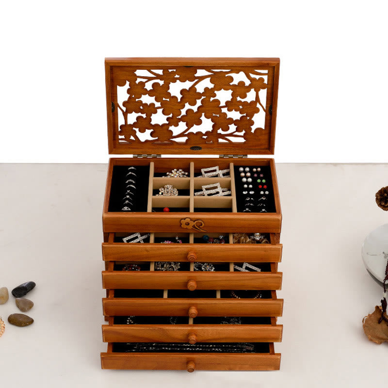 Six-Layer Wooden Jewelry Box with Vintage Plum Blossom Carvings