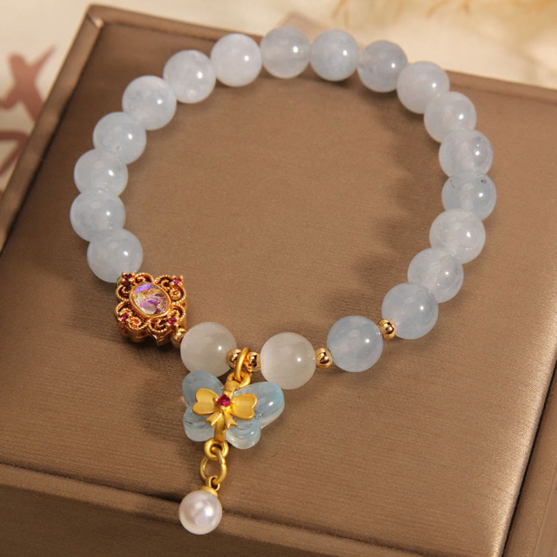 Aquamarine Bracelet with Cat's Eye and Butterfly Pearl Charm for Healing