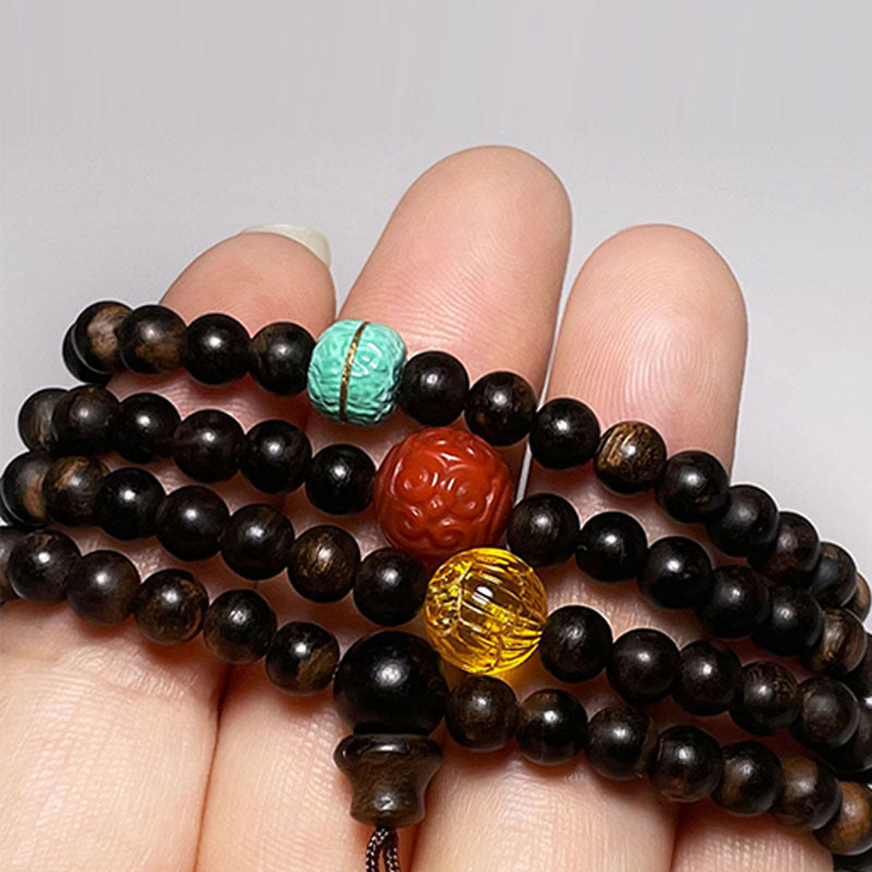 Agarwood Bracelet with Turquoise Amber & Red Agate for Strength