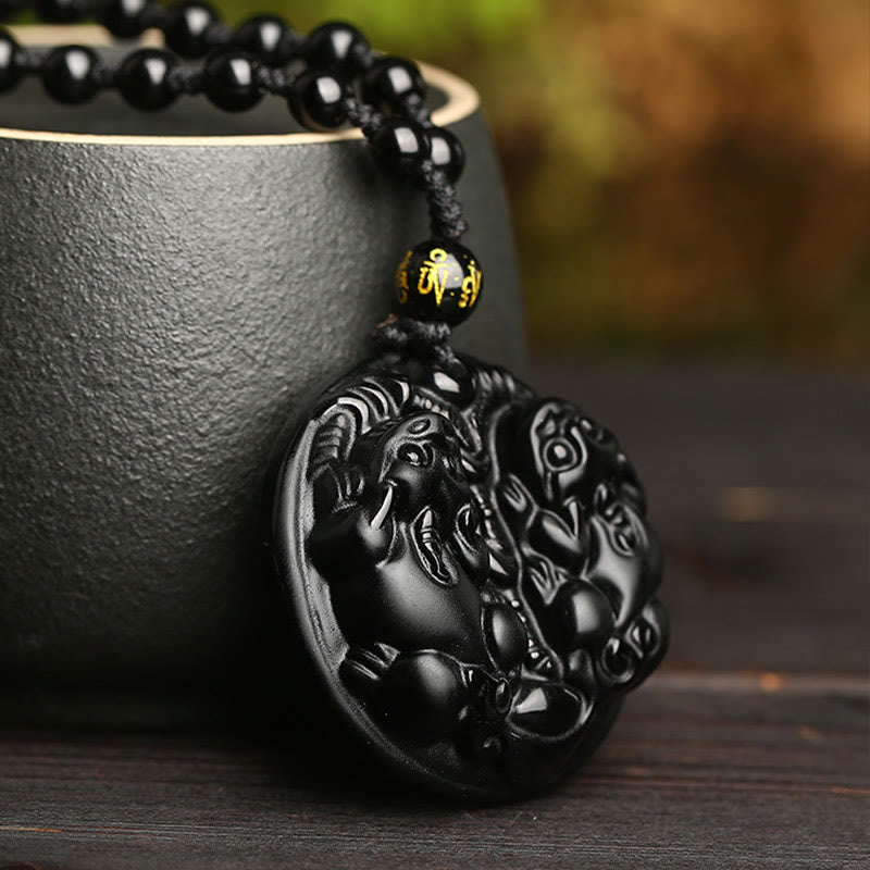 Black Obsidian Pixiu Pendant Necklace for Wealth & Protection