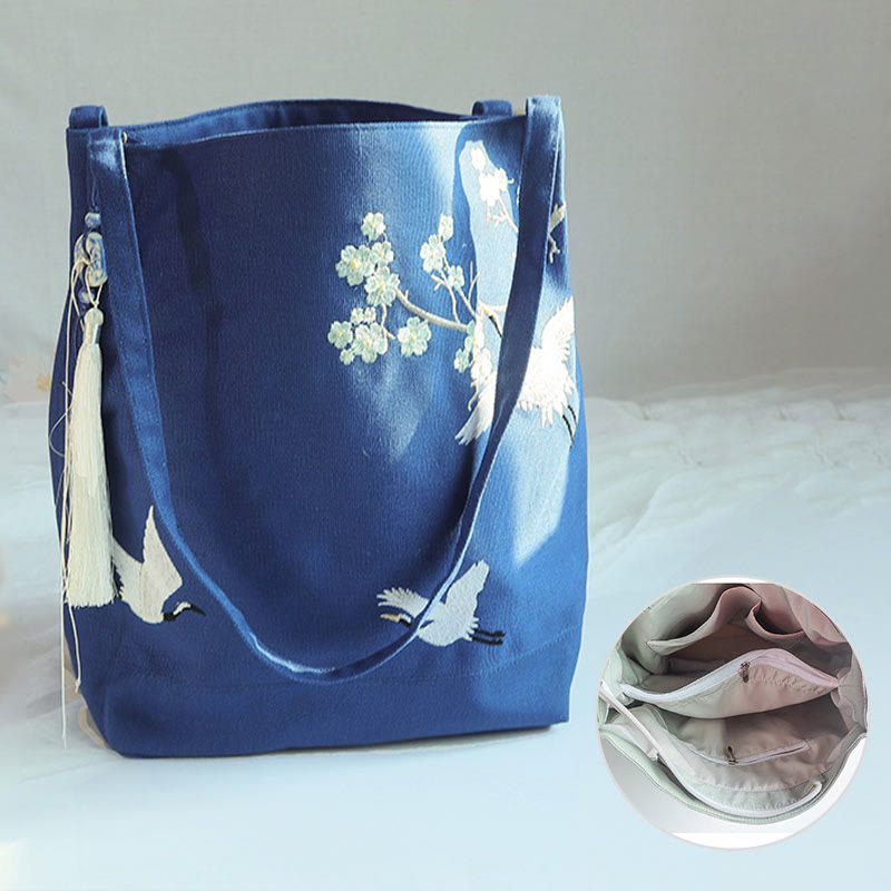Canvas Tote Bag with Flower Crane & Plum Blossom Embroidery