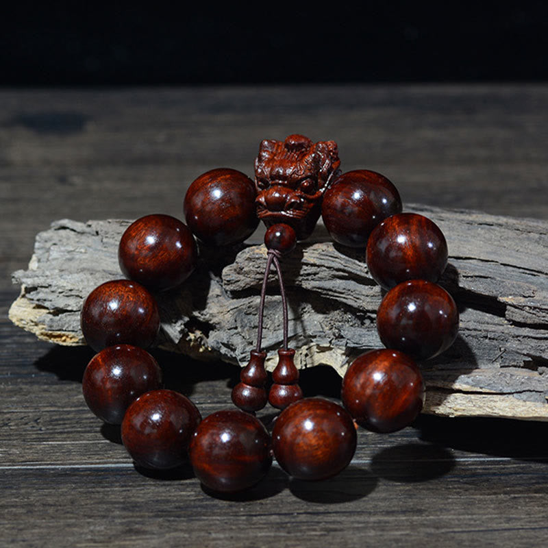 Dragon Carved Protection Bracelet in Rosewood & Sandalwood 20mm Beads