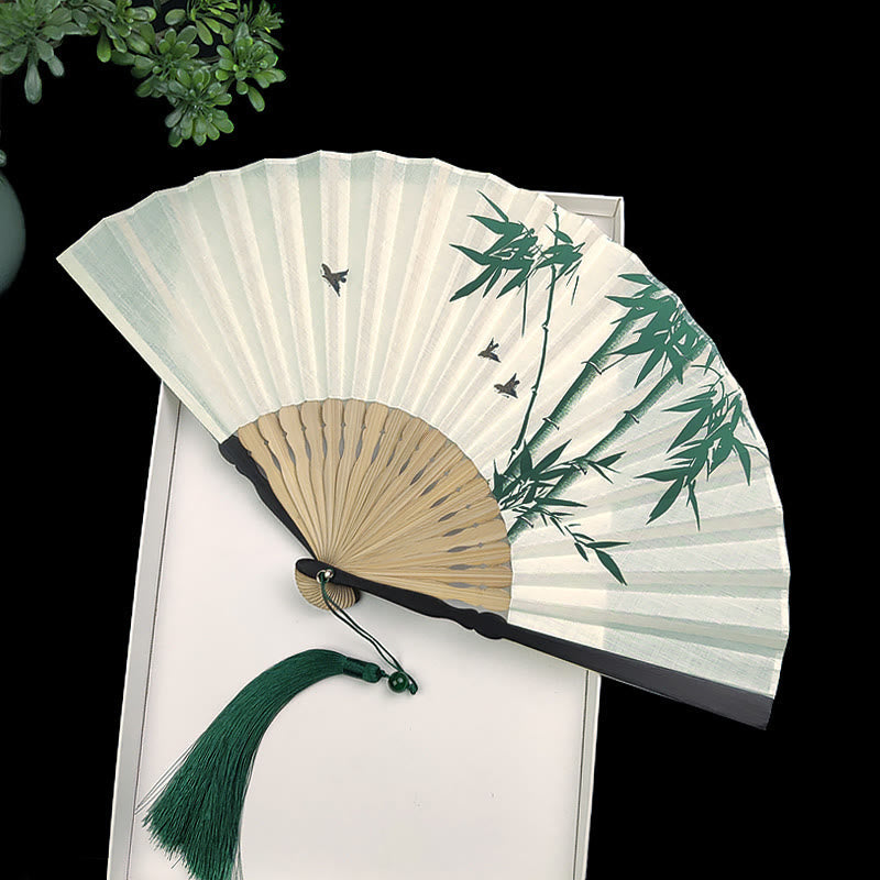 Chinese Folding Fan with Bamboo and Koi Fish Patterns