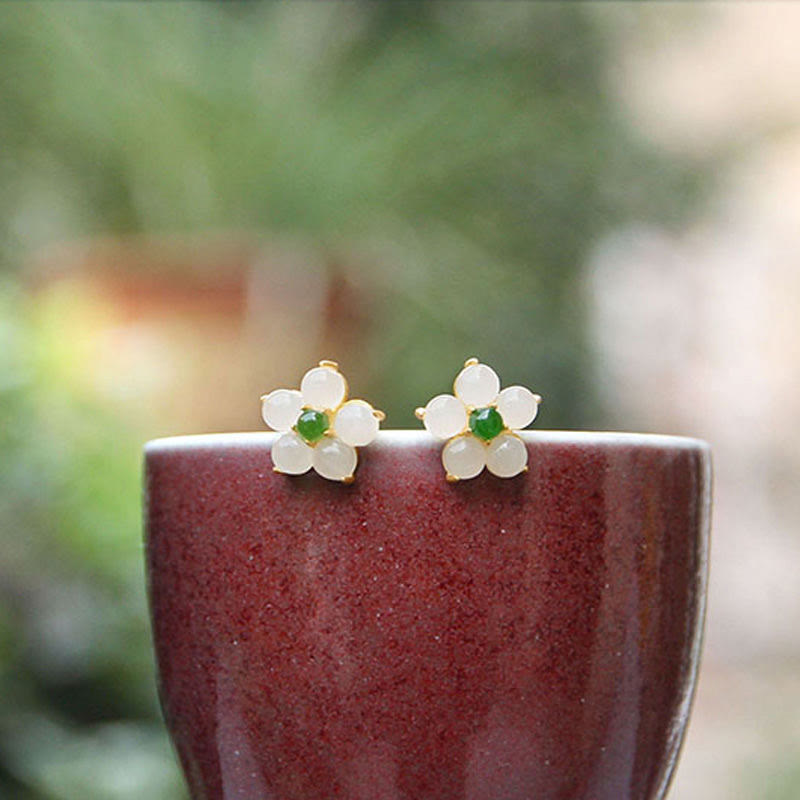 White Jade Luck Blessing Stud Earrings for Protection