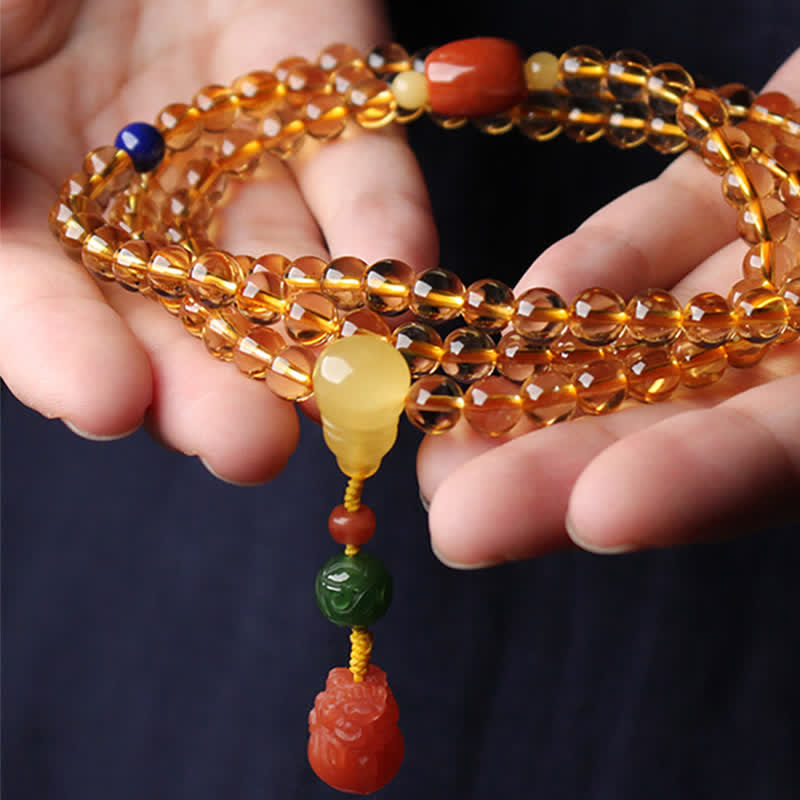 108 Bead Citrine and Amber Gemstone Mala Bracelet for Peace