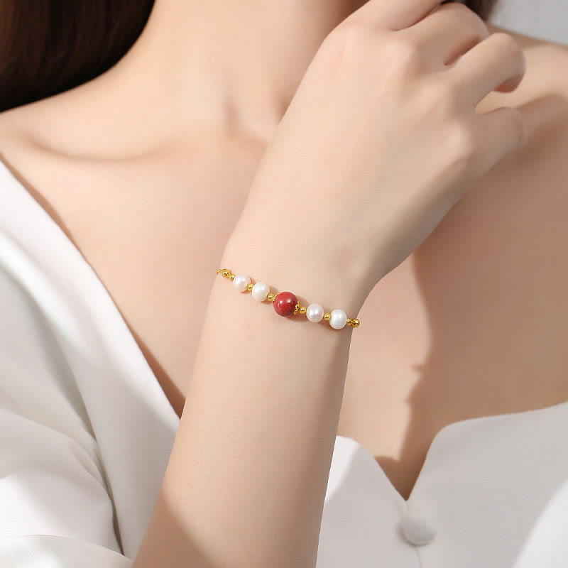 925 Sterling Silver Pearl & Cinnabar Healing Bracelet 14cm-18cm