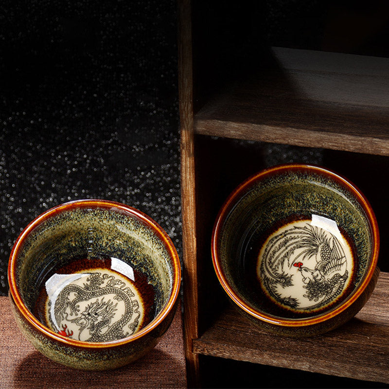 8cm Ceramic Jian Zhan Dragon Lotus Teacup | Zen Decor