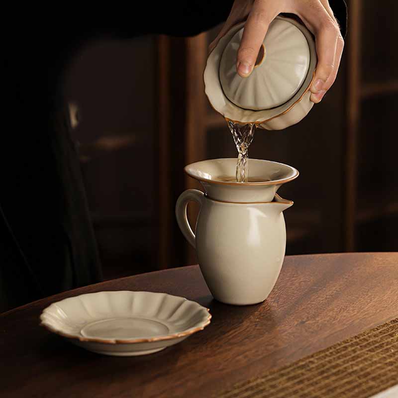 Beige Ceramic Gaiwan with Plum Blossom Design 120ml Tea Set