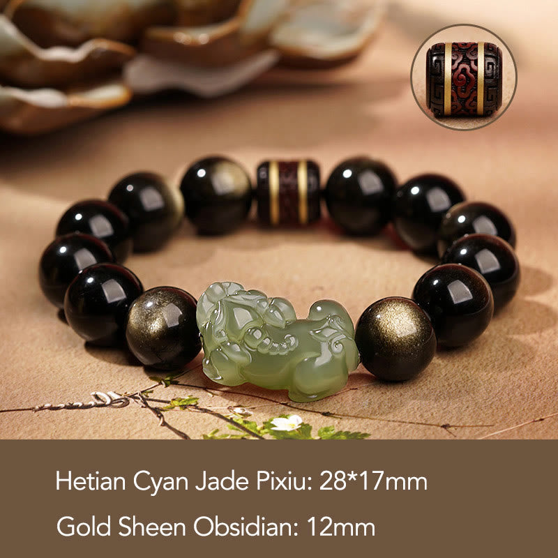Gold Sheen Obsidian Pixiu Wealth Bracelet 14mm for Men