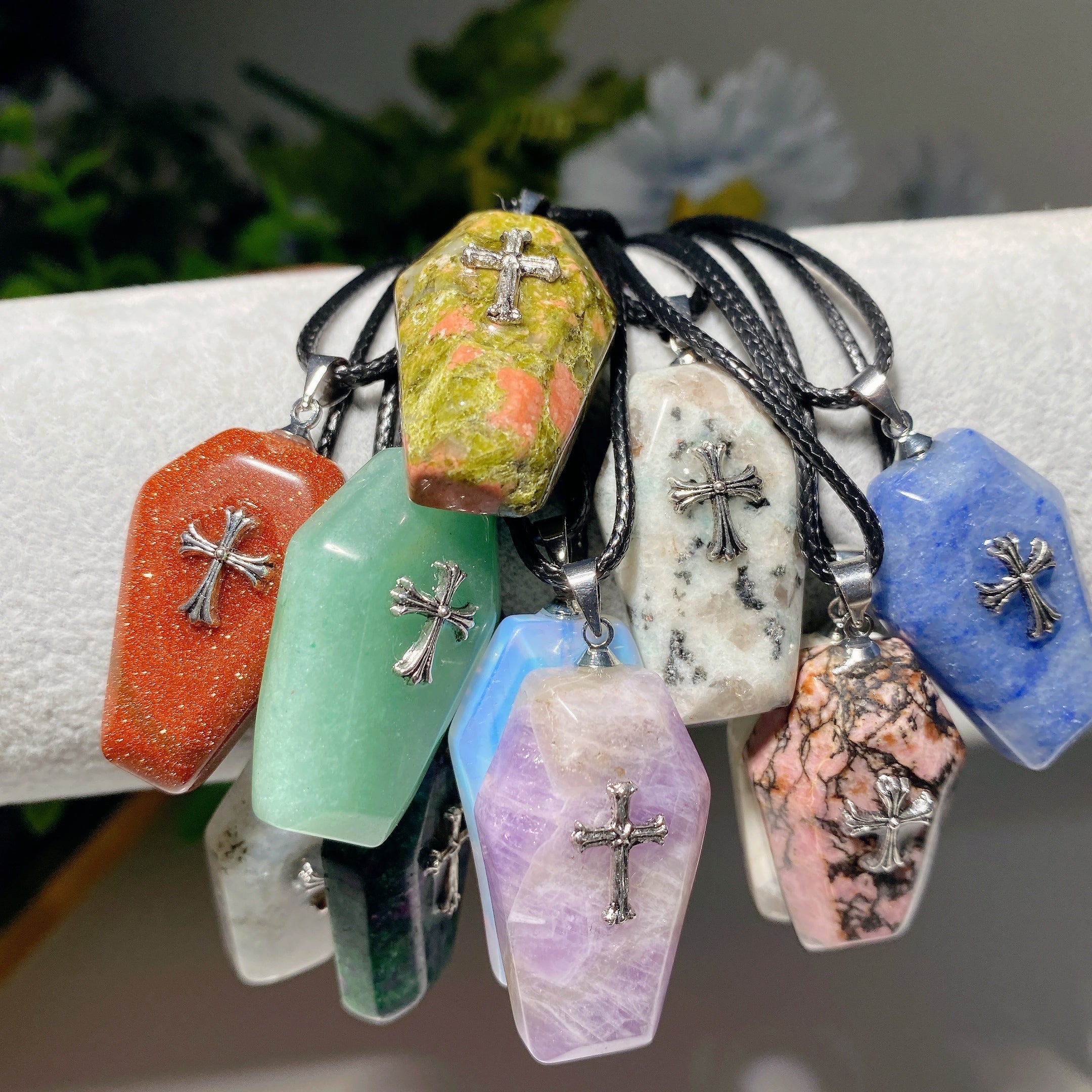 1.2 Inch Mixed Crystal Coffin Pendant Necklace for Healing