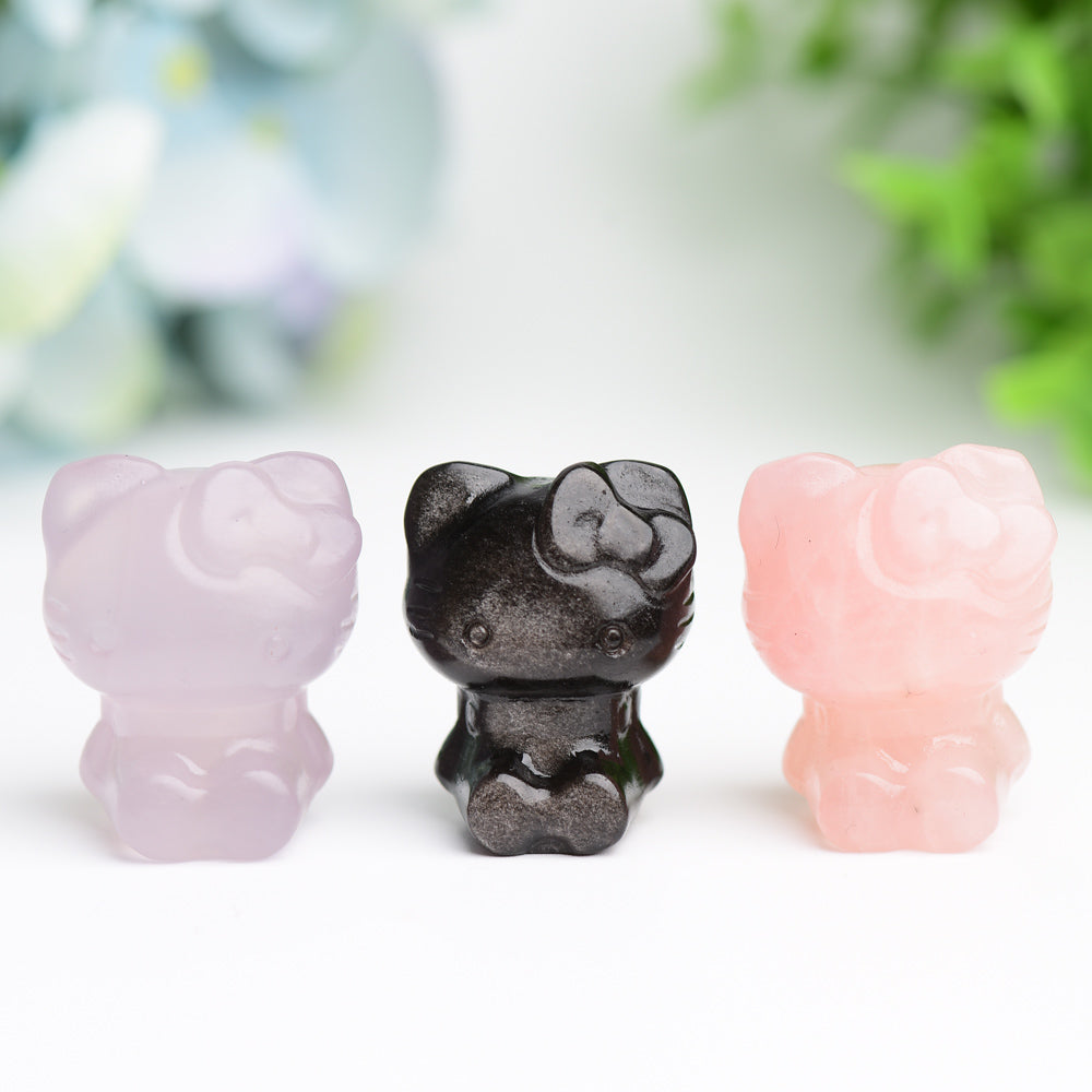 1.3" Fluorite, Rose Quartz & Silver Obsidian Hello Kitty Crystal Figurines