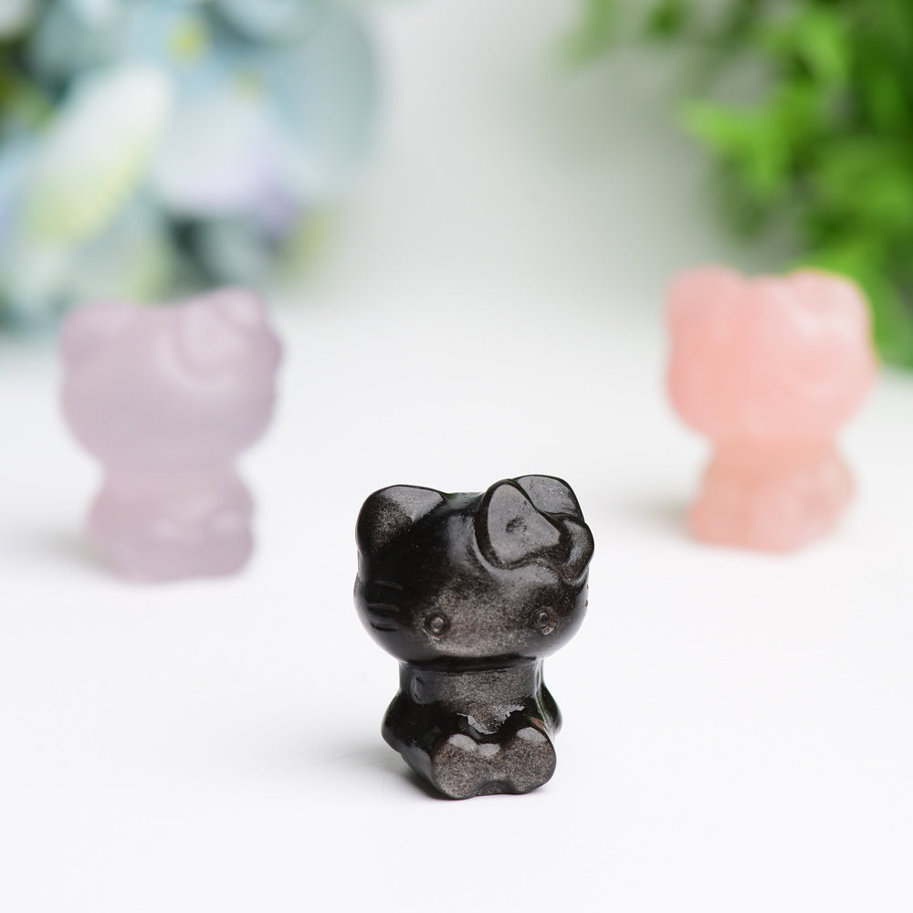1.3" Fluorite, Rose Quartz & Silver Obsidian Hello Kitty Crystal Figurines