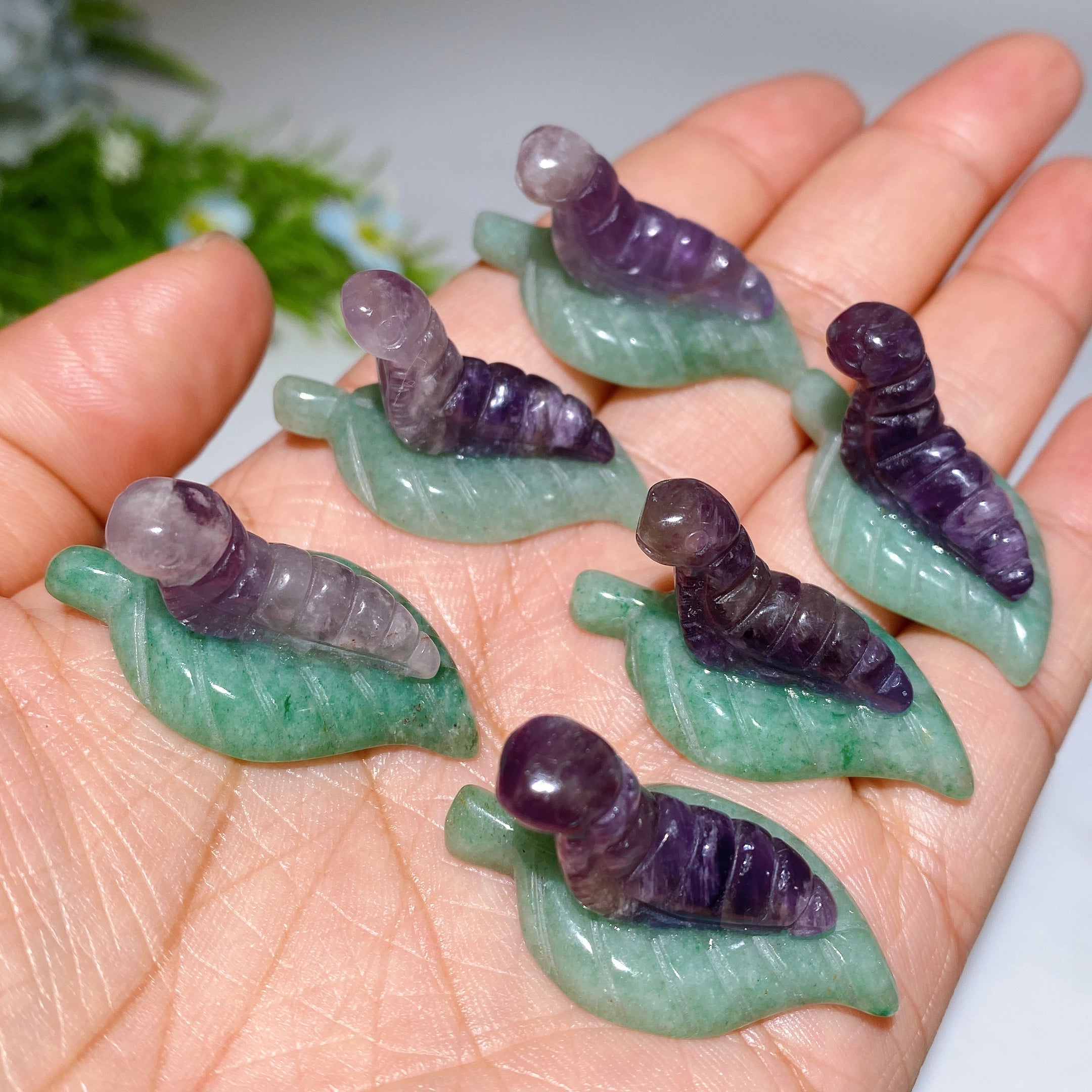 1.3 inch Green Aventurine Leaf Crystal Silkworm Figurine