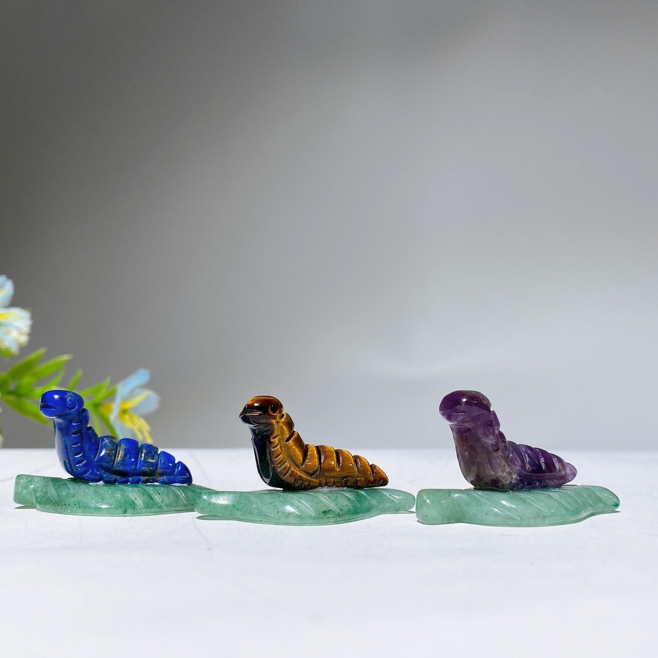 1.3 inch Green Aventurine Leaf Crystal Silkworm Figurine