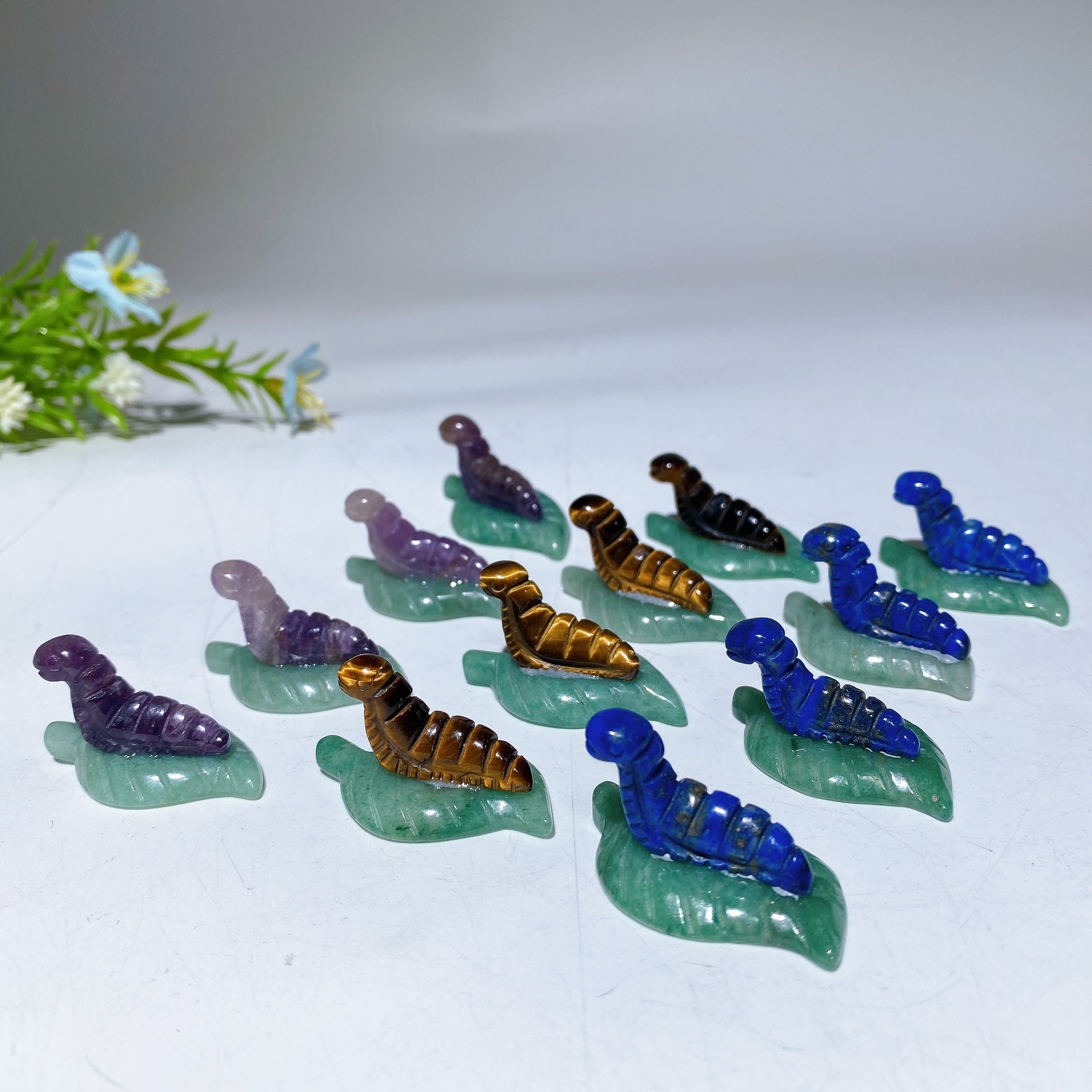 1.3 inch Green Aventurine Leaf Crystal Silkworm Figurine
